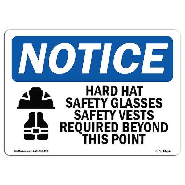 OSHA Sign, Hard Hat Safety Glasses Safety With Symbol, 14in X 10in Aluminum, 14" W, 10" H, Landscape